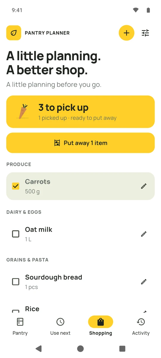 Categorized shopping list with checked items and the Put away action